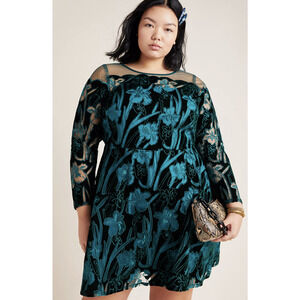 Eva Franco Anthropologie Juliet Embroidered Velvet Mesh Dress 16W Green Floral